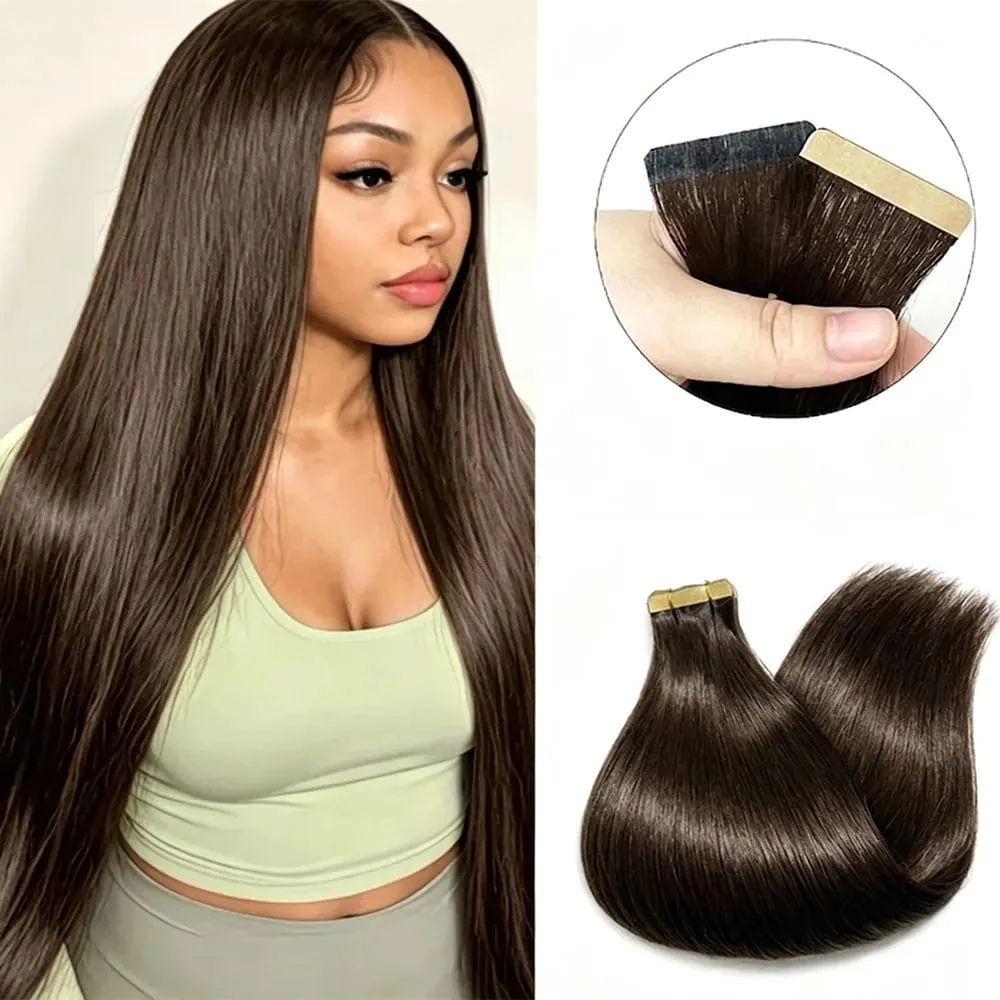 PU SKin Invisible Seamless Real Human Hair Tape in Hair Extensions Brazilian Dark Brown 16-24 Inch Remy Straight Hair 100% Human Hair For Women — image 1
