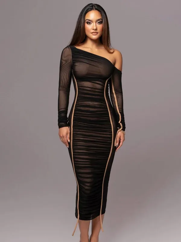 Hugcitar Mesh Kolar pepenjuru Pepejal Lengan Panjang Terbungkus Seksi Gaun Maxi Bodycon Terlihat Melalui Kelab Pesta Pakaian Fesyen Musim Panas — image 8