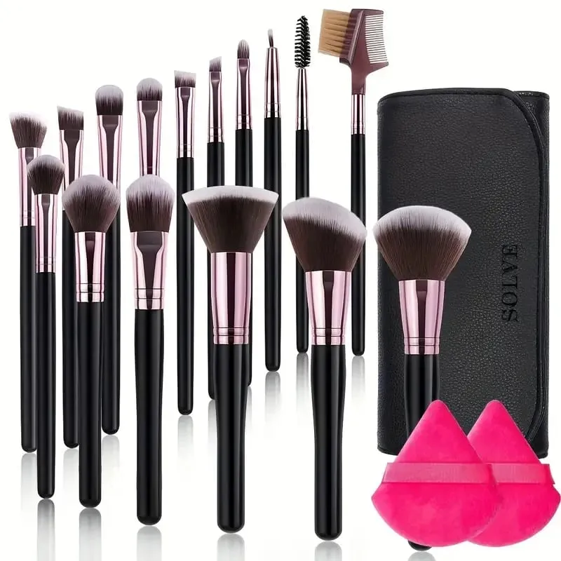 Professional 16PCS Makeup Brushes Set - Soft Fluffy Bristles for Eye Shadow Foundation Premium Leather Case Luxe Textured Cosmet