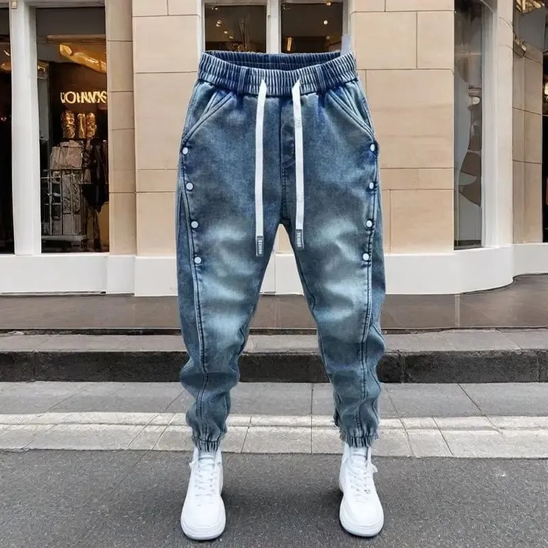 Drawstring Menswear Clothing Handsome Spring New Men's Jeans Korean Elastic Waist Buttons Decorative Fashion Harlan Pants Men