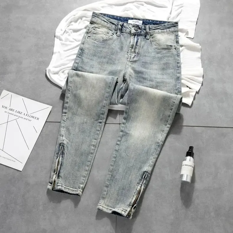 Cargo Old Retro Light-colored Trousers Zipper Jeans Men's New Trendy Elastic Slim-fitting Small-footed Trousers Denim Man Pants — image 7