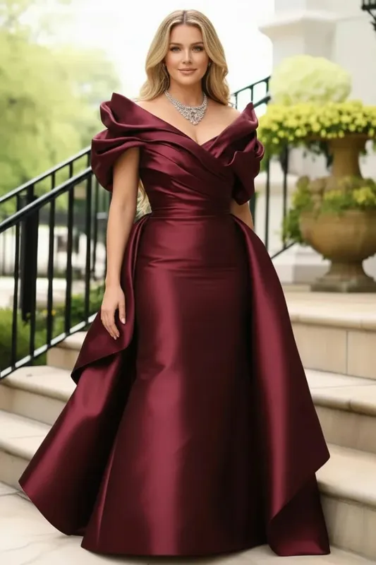 Plus Size Satin Evening Dress for Women's Off Shoulder Puff Sleeve Solid Elegant Cocktail Wedding Guest Maxi Dresses — image 5