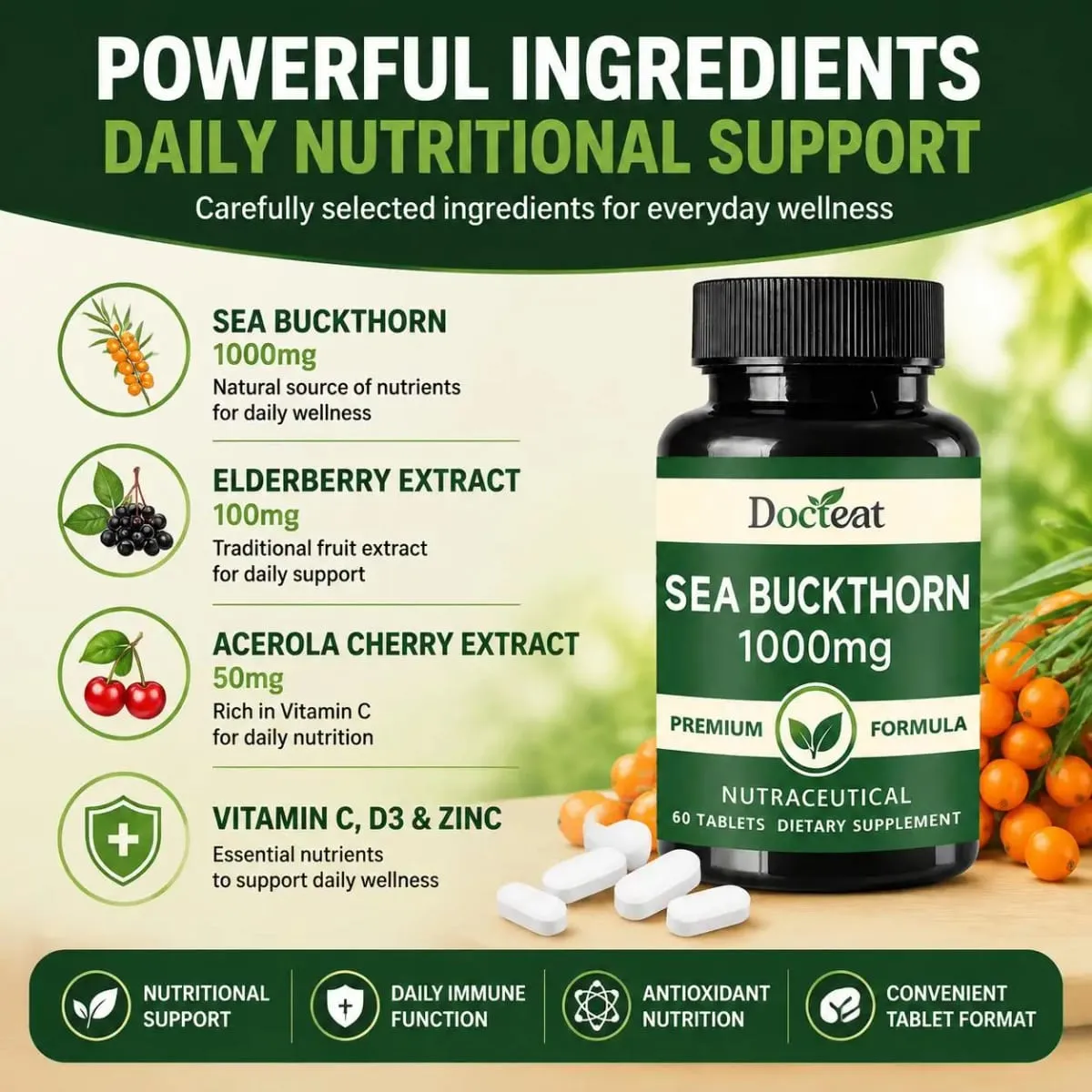 Docteat Sea Buckthorn 1000mg Tablets Daily Immune Function Support Antioxidant Nutrition Vitamin C Zinc Vitamin D3 60 Tablets — image 5