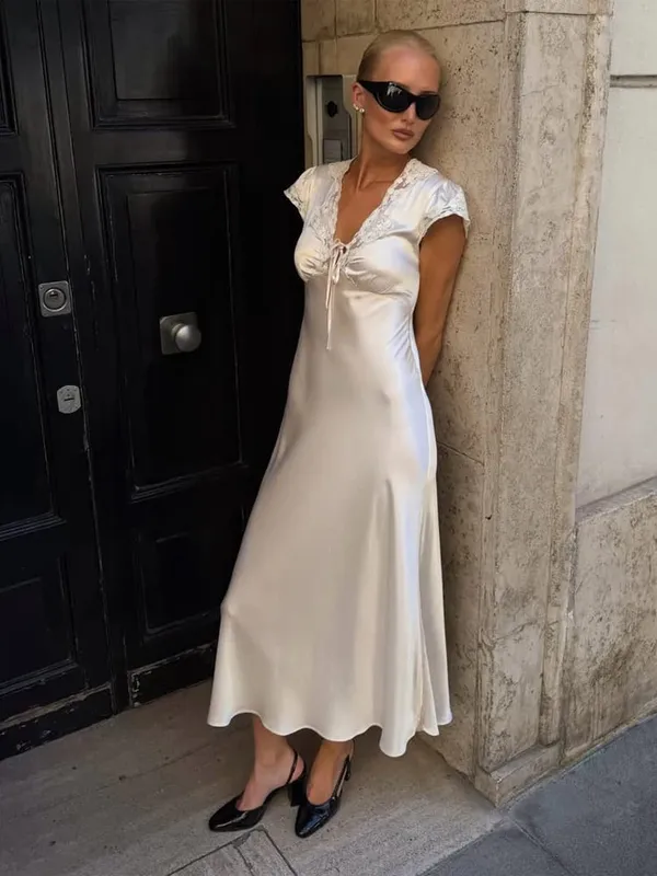 Women Elegant Satin Lace Trim Midi Dress Solid Lace Patchwork Short Sleeve V-neck Summer Dresses 2026 Summer New Holiday Robes