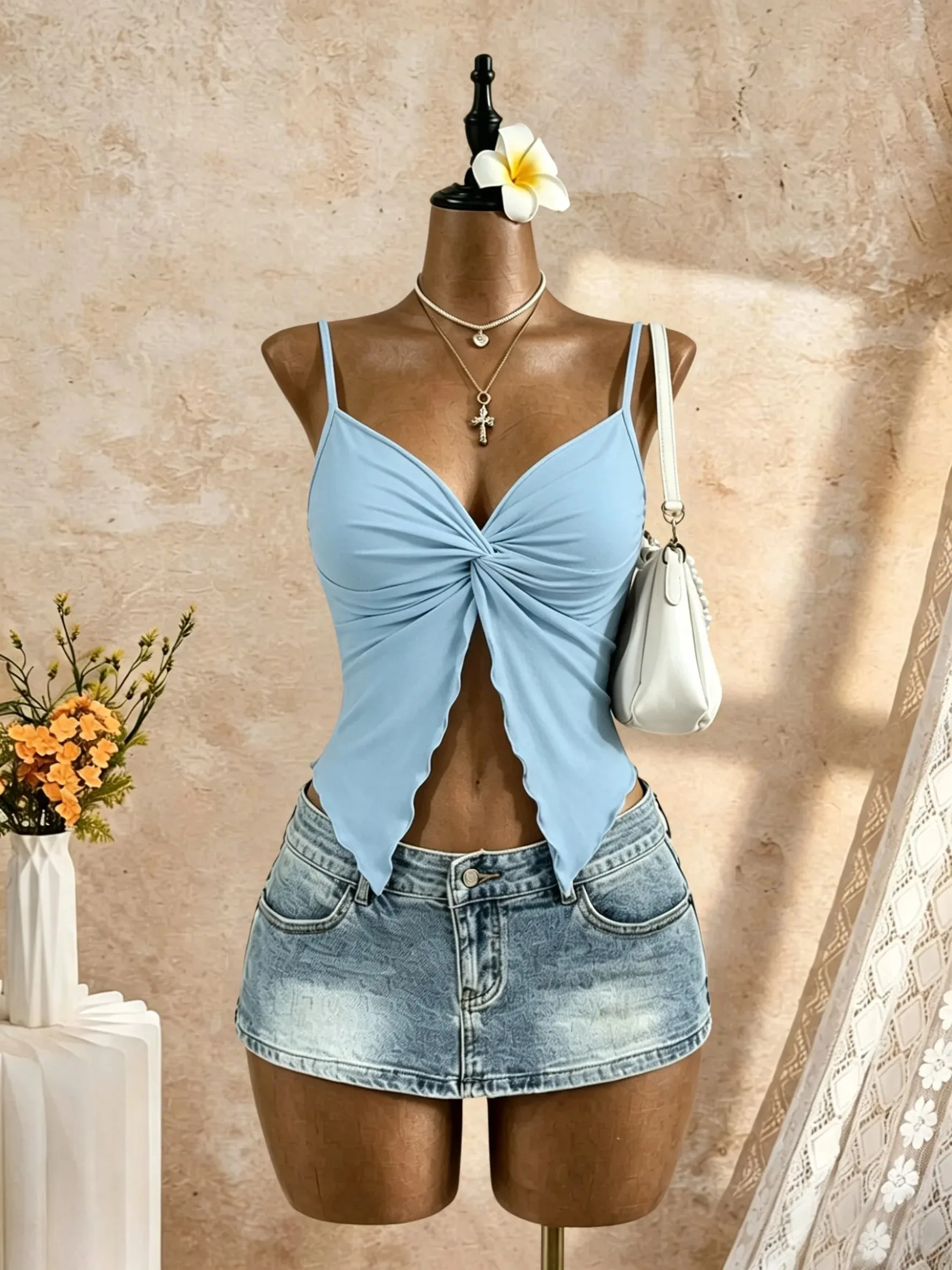 Women Spaghetti Strap V Neck Twist Front Cut Out Ruffle Irregular Hem Slim Fit Crop Cami Top 2026 Summer Y2K Solid White Sleevel — image 12