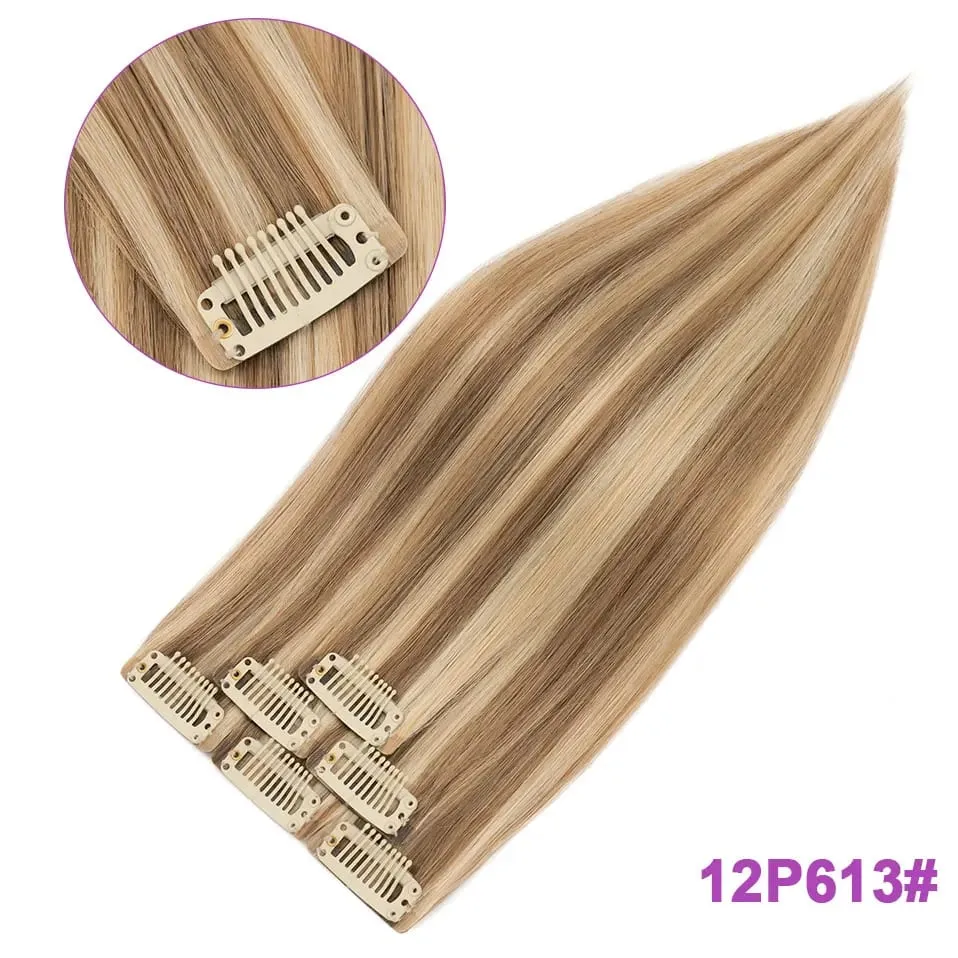 S-noilite Seamless PU Thin Weft 6Pcs Clip in Hair Extensions Real Human Hair Straight Soft Silk Clip in Extensions for Women