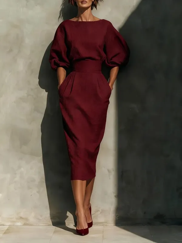 Elegant Fashion Solid Party A-lien Dress Casual O-neck Lantern Sleeve Pocket Dress Temperament High Waist Pleated Wrap Hip Dress — image 3