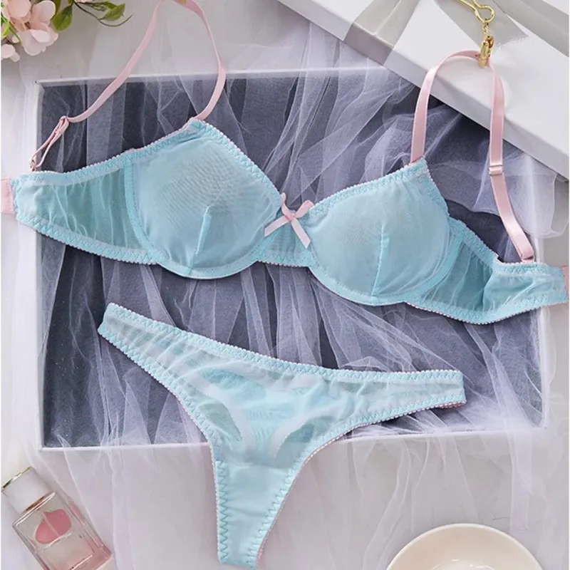 Blue Mesh Patchwork Splicing Thin Strap Strappy Semi Sheer Lightweight Lace Sexy Underwear Apparel Women Bra Briefs Lingerie Set