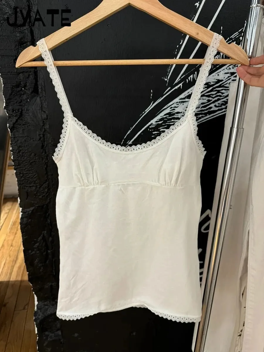 Sweet Lace Patchwork Slim Tank Tops Women Summer White Sexy Simple Cotton Soft Sleeveless Vests Female Vintage Chic Y2K Camisole — image 13
