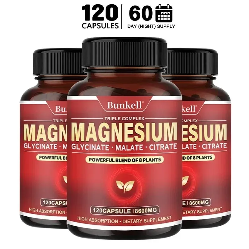 Glycinate de magnésium à haute absorption, citrate de malate, 100 % chélaté, sans OGM, végétarien, sans gluten, 8 600 mg, 120 gélules