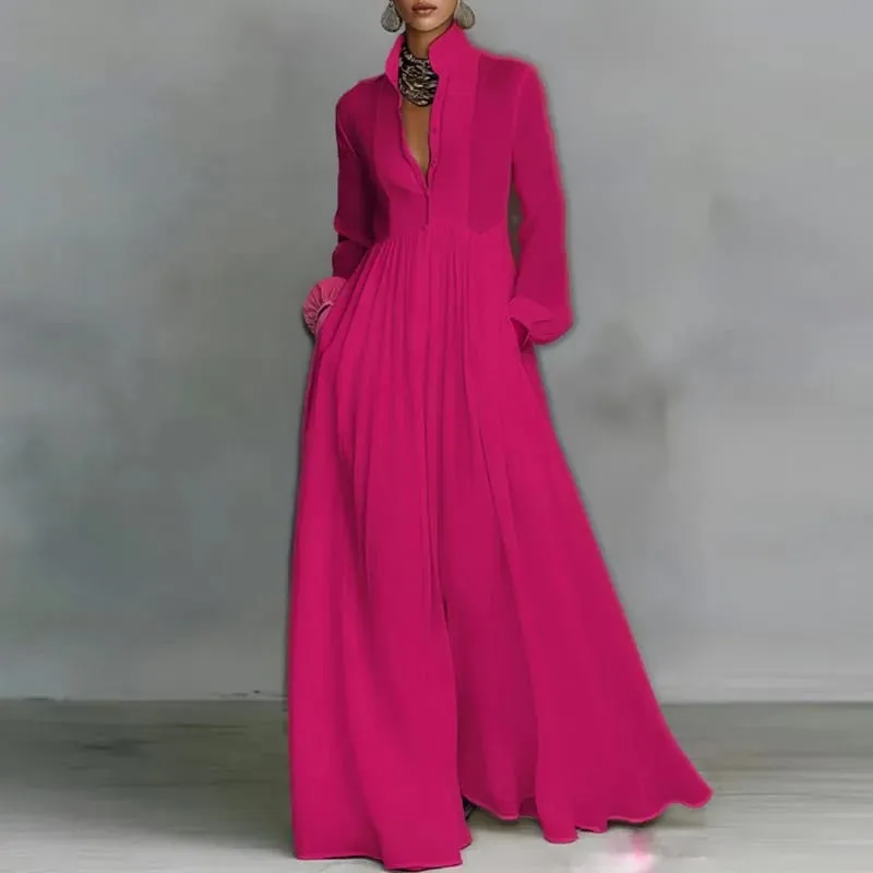 French Elegant High Waist Swing Long Dress Woman Spring Solid Pockets Pleated Maxi Dress Autumn Long Sleeve Button Evening Dress — image 9