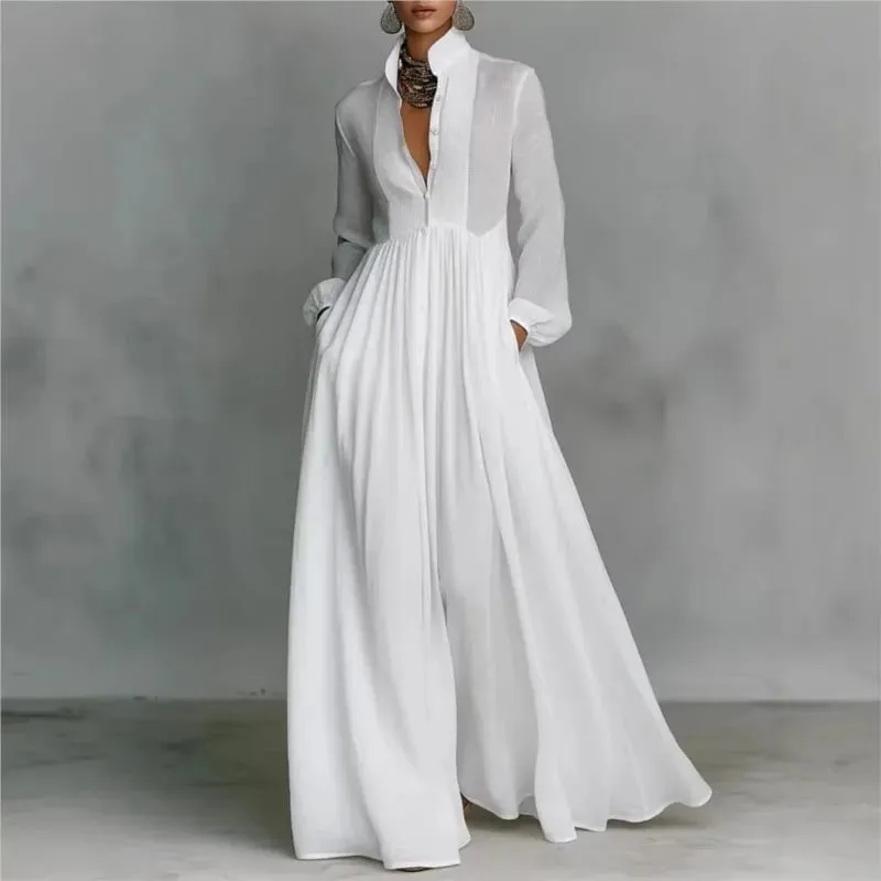 Women's Elegant Single Breasted Long Dress 2026 French High Waist Solid Pockets Pleated Maxi Evening Dress — image 2
