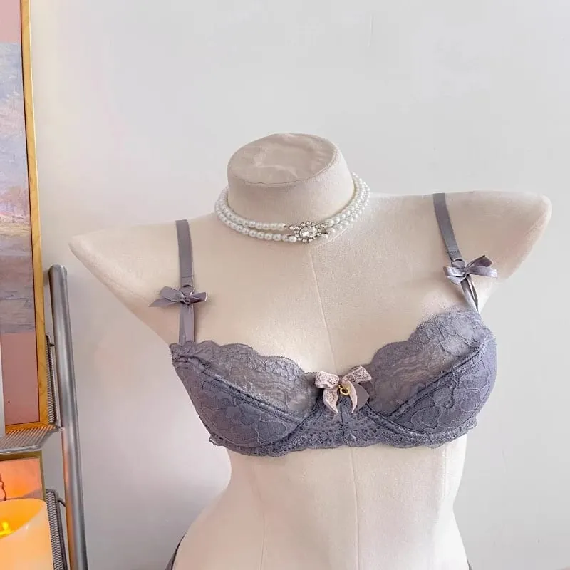 Elegant Lace Half Cup Bra Set Women Soft Underwire Gathered Thin Support Modest Exquisite Lace Comfort Lingerie Set 4 Colors 32-