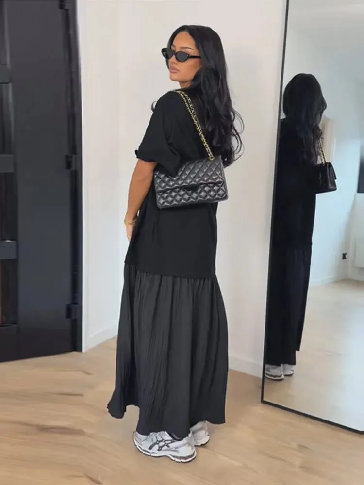 Short Sleeve Patchwork Oversized Long Dress Women Elegant O-neck Pleated Loose Party Evening Dresses Summer Casual Lady Vestidos — image 2