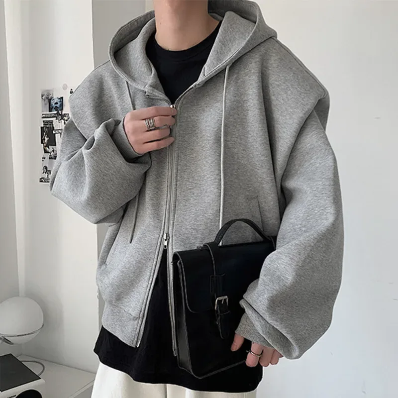 Autumn New Padded Shoulder Design Solid Streetwear Men Double Zip-up Hooded Sweatshirts Harajuku Casual Daily Hoodies