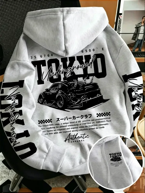 Autumn Winter New Men'S Tokyo Underground Racing Line Drawing Print Hooded Sweatshirt Japanese Street Trendy Top — image 7
