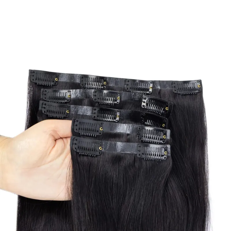 Invisible PU Clip In Hair Extension Human Hair Injected PU Tape Weft Clip in Extension 7Pcs/set 12-24inch 100G 120G Clip On Hair