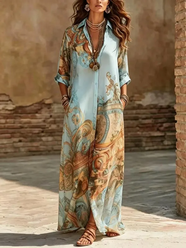 Elegant Shirt Dress for Women Chiffon Digital Print Turndown Collar Single-breasted Dresses Flowy Casual Boho Summer Clothing