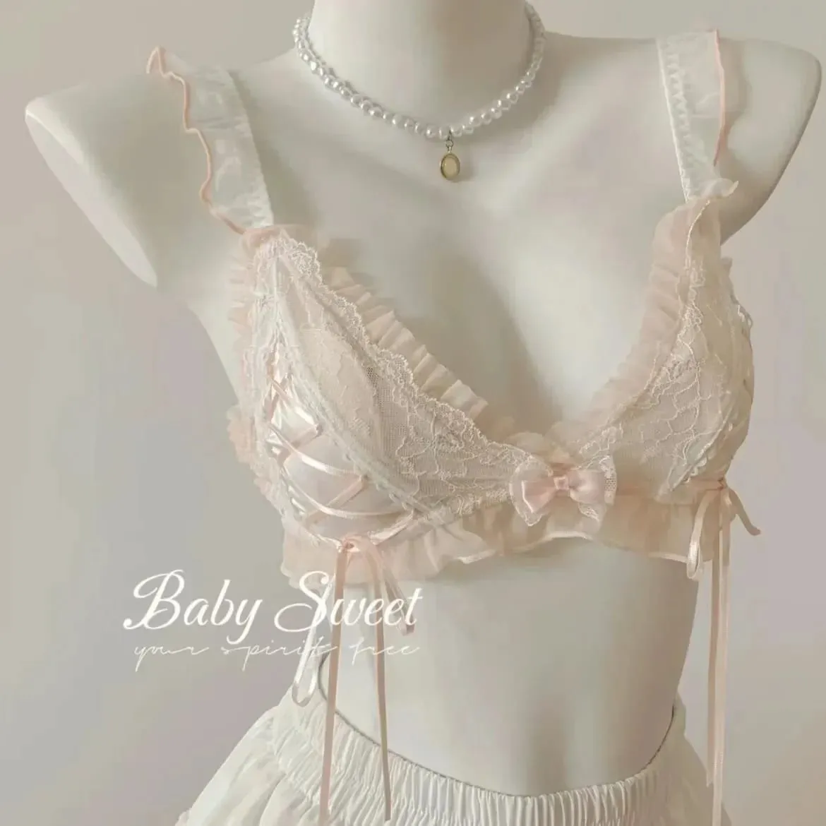 Lolita Style Thin Lace Triangle Cup Bra Set for Women Cute Small Bust Sexy Lingerie Underwear — image 9