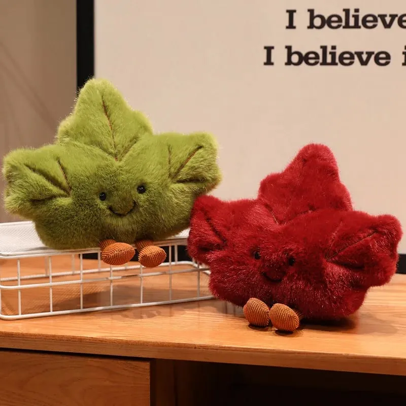 Cute Maple Leaf Plush Pillow Stuffed Red Green Plant Cushion with Legs Smiling Face Cute Plushie Sofa Chair Decor Gift — image 5