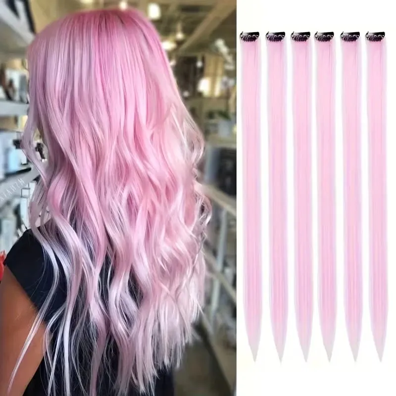 22Inch Synthetic 6pcs Long Straight Hair Extension Colored Rainbow High-Temperature Fiber Hairpiece for Women Daily Party Use
