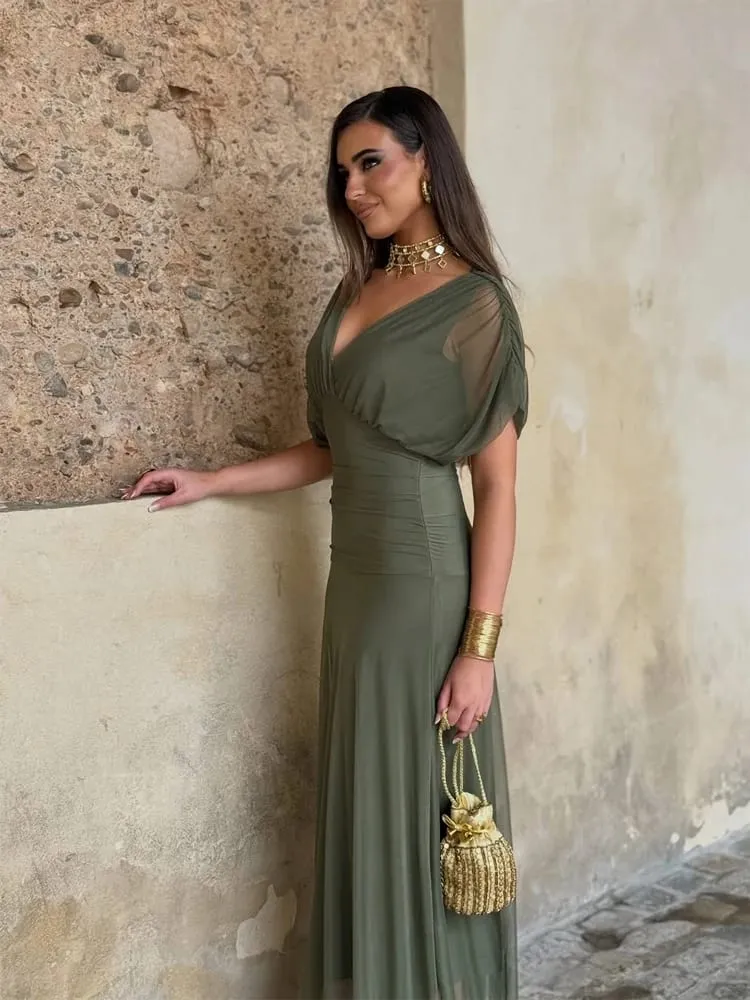 Women Solid Deep V-neck Mesh Long Dress Elegant Puff Short Sleeve Ruched Waist High Vestidos 2026 Summer Lady Casual Street Robe