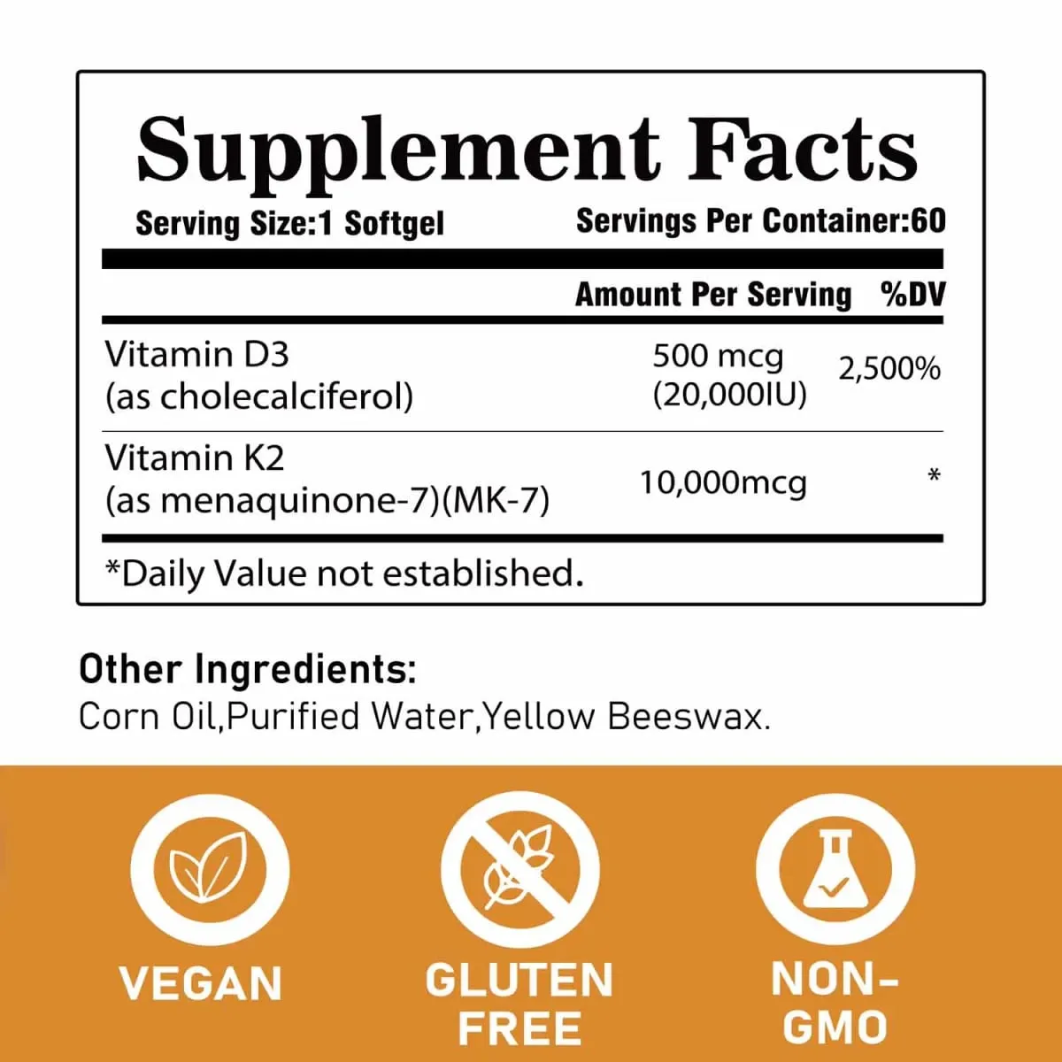 Vitamin D3 K2 Capsule - 20 000 IU Vitamin D3 Supports Bone & Teeth Health Calcium Metabolism Daily Body Wellness Supplement