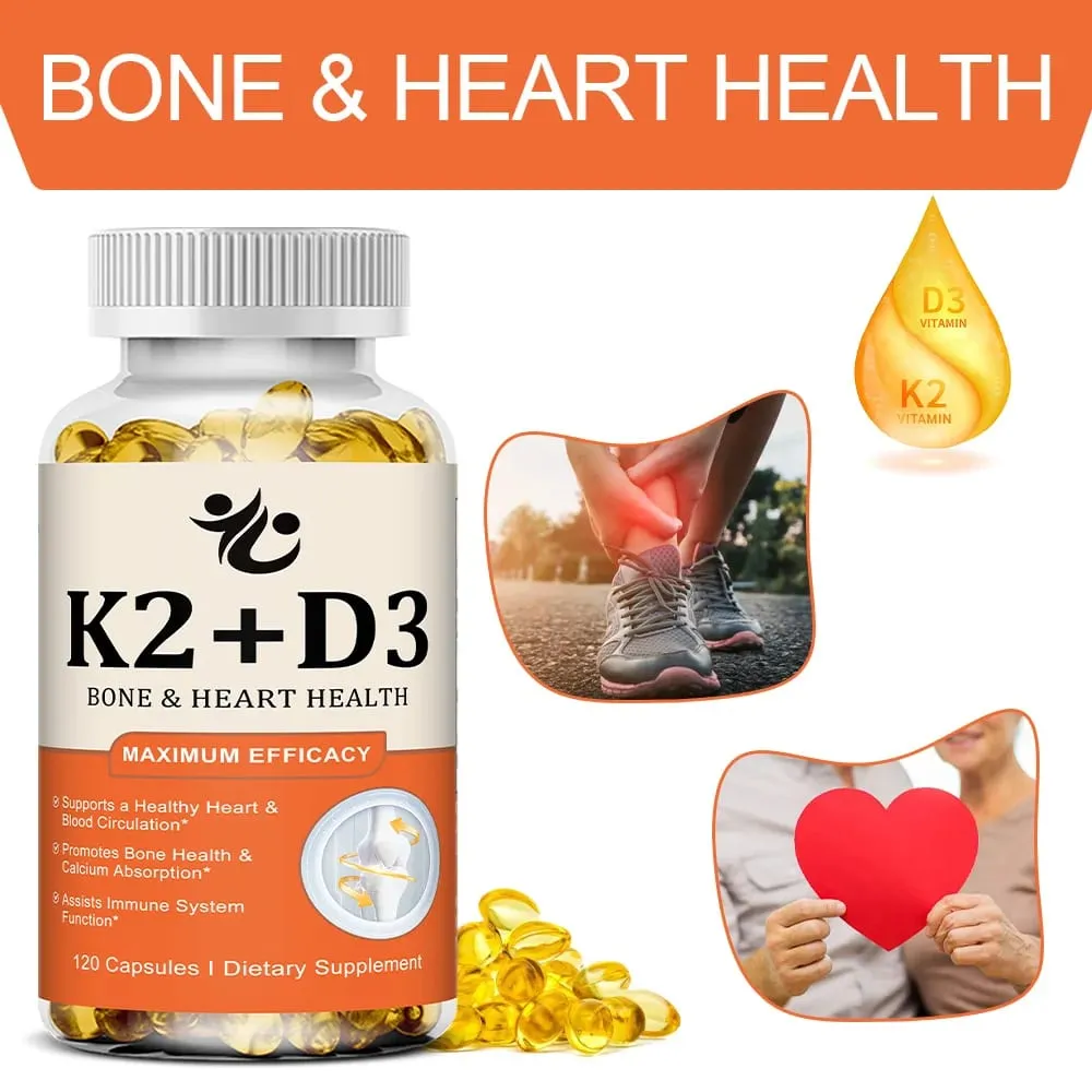 Vitamin D3 5000 IU + K2 MK-7 100mcg Capsules Support Nutrient Absorption Metabolism Bone Heart Health & Immune System — image 2