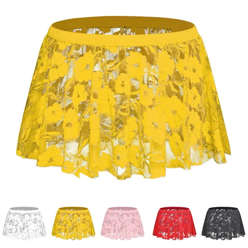 Men Solid Lace Skirt Mesh See Through For Lingerie Low For Rise Pleated Skirts Floral Pattern See‑through Male Daily Bottom