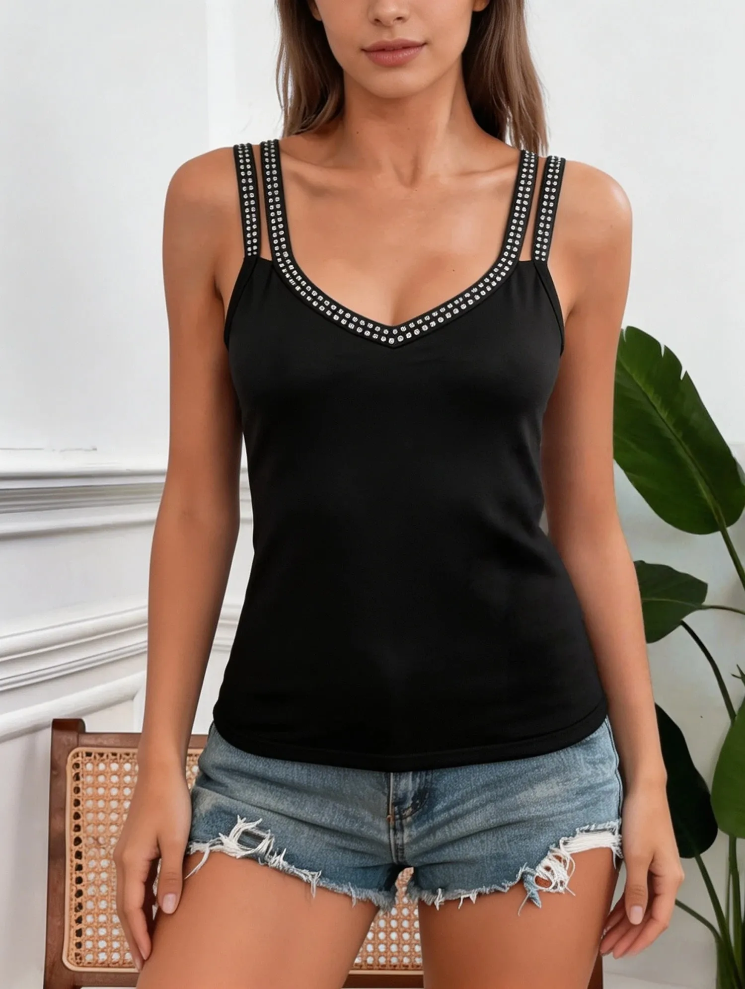 Women Cami Top Black Rhinestone V Neck Double Strap Sleeveless Top Fitted Sexy Tank Tops Spring Summer Party Night Club Outfit — image 3