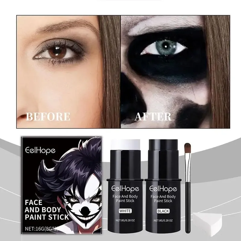 Kit de peinture pour le visage et le corps, noir et blanc, fond de teint, Clown coloré, longue durée, imperméable, ensemble d'accessoires de maquillage festifs d'halloween — image 6