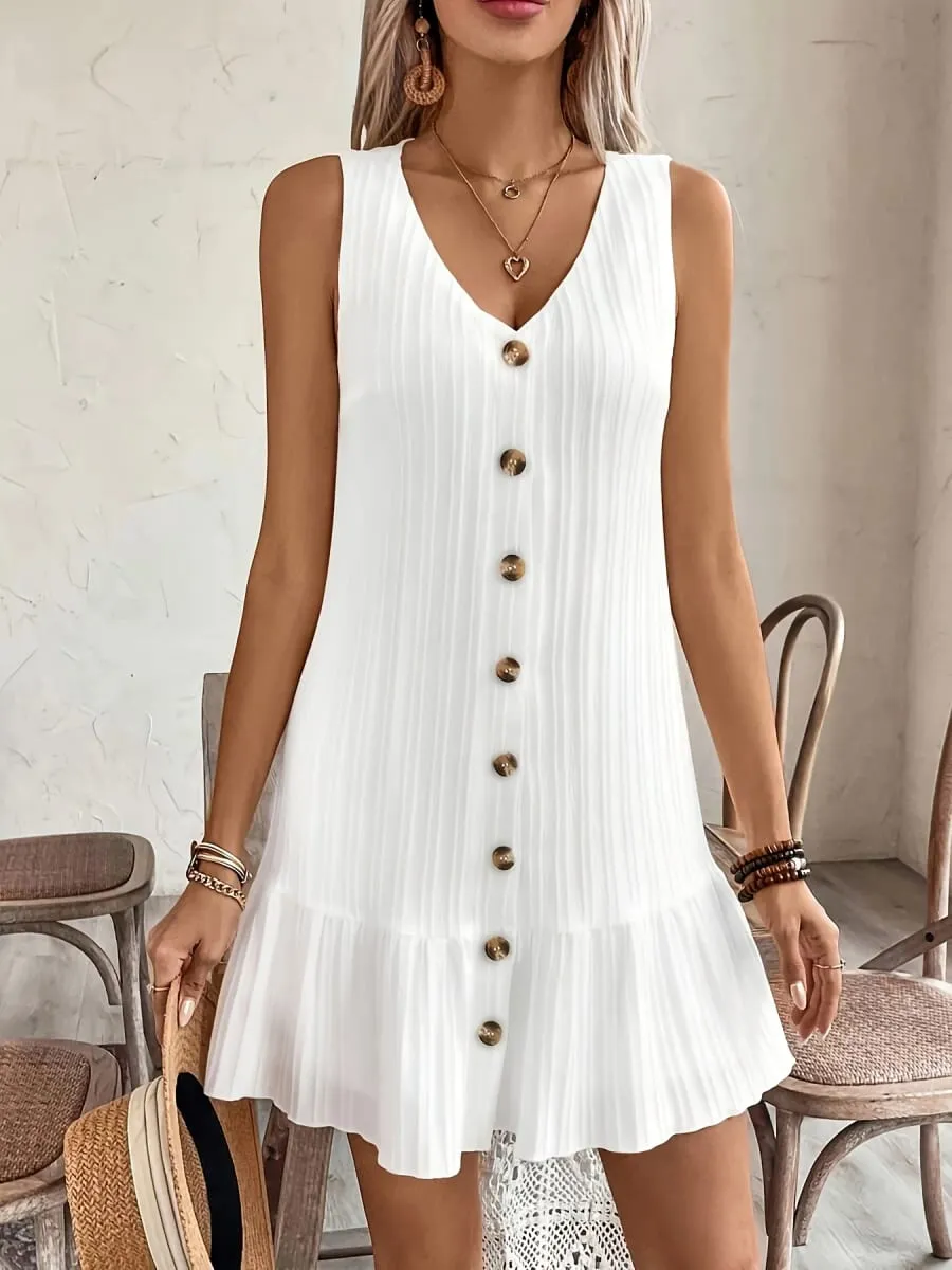 Women's Summer Sleeveless Casual Dress with Ruffle Trim and Button Front Design — image 4