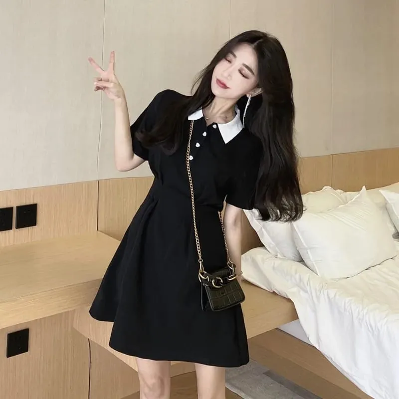 Women's Contrast Collar Polo Dress Summer Short Sleeve Button Front A Line Casual Mini Dress — image 5