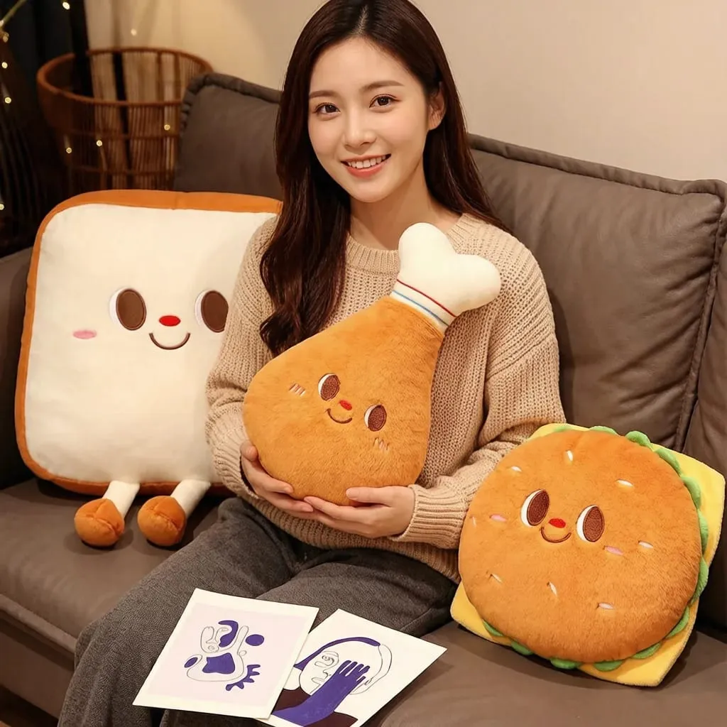Cute Food Plush Throw Pillow Stuffed Toast Hamburger Cushion Smiling Face Happy Plushie Sofa Home Decor Gift — image 2