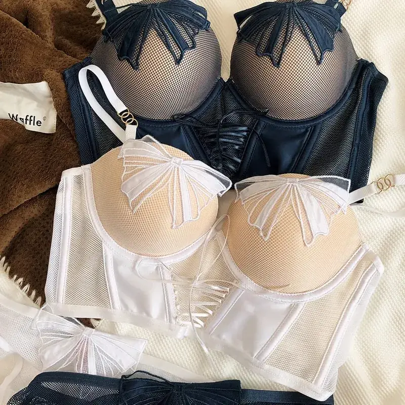 Bowknot Gauze Perspective Sexy Push Up Underwear Set Thick Small Bra Briefs Panties Lengthen Adjustable Intimates Belt — image 3