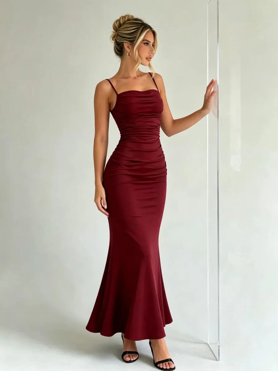 Women Spaghetti Strap Ruched Mermaid Maxi Dress Square Neck Bodycon Elegant Evening Party Long Dress — image 6