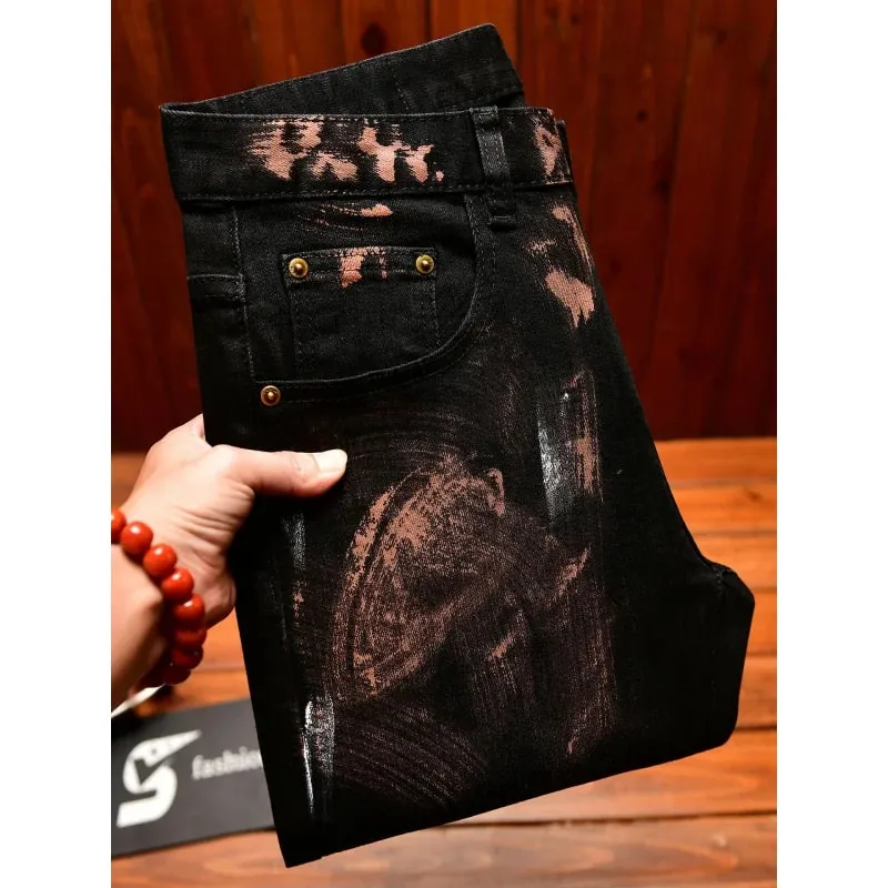 2025 Autumn Black Jeans Men's Inkjet Graffiti Printed Street Men's Clothing Nostalgic Trend High end Retro Denim Pants — image 2