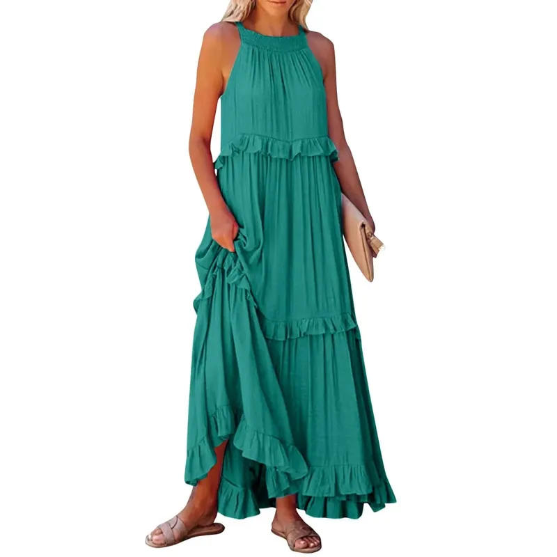 Women Casual Solid Ruffles Long Dress Summer Elegant Sleeveless Sundress Elegant Harajuku Maxi Dress Beach Party Evening Vestido — image 19