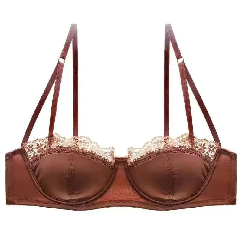 European -American sexy satin half cup comfortable upper support underwear set thin with steel ring green lace edge glossy bra — image 6