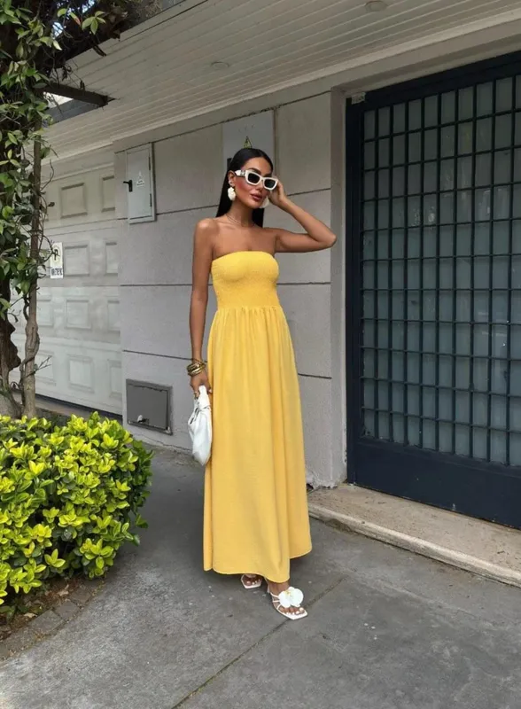 2026 New Summer Fashion Solid Color Off-Shoulder Strapless Waist-Cinching Long Dress for Women — image 8