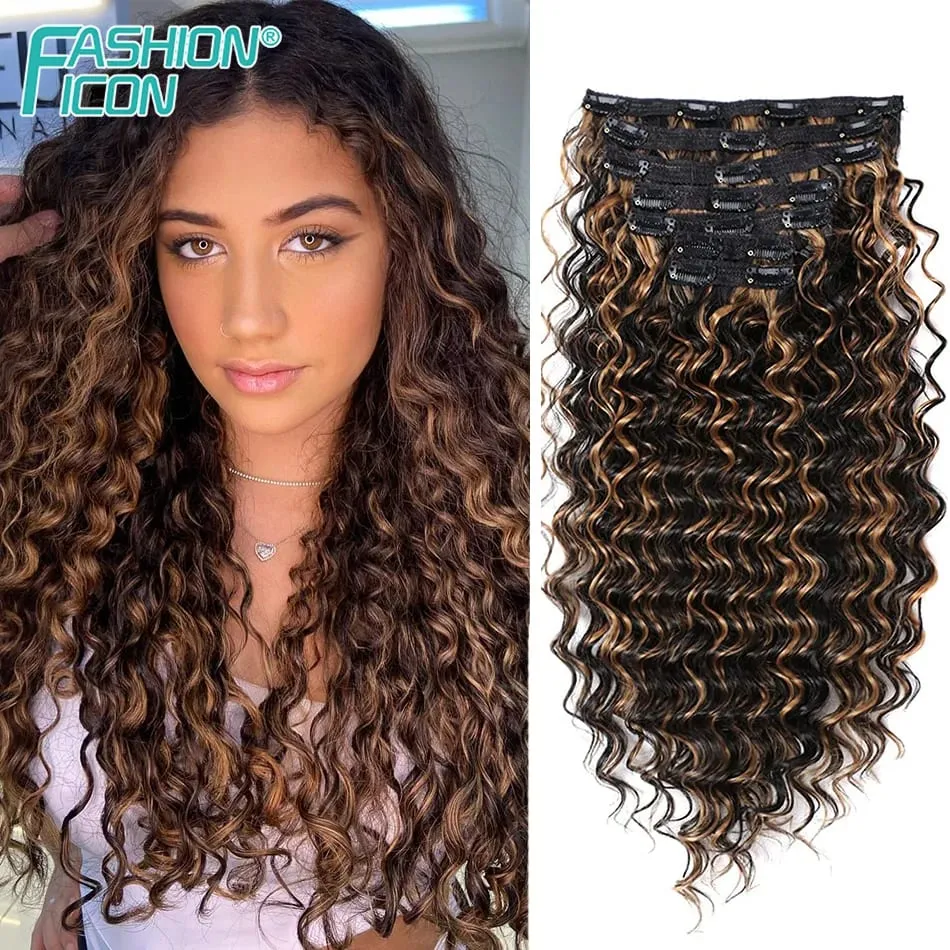 24 Inch Deep Wave Clip In Hair Extensions Synthetic Ombre 7Pc/140g Full Head Curly Hairpieces Heat Resistant Fake Hair for Women — image 9