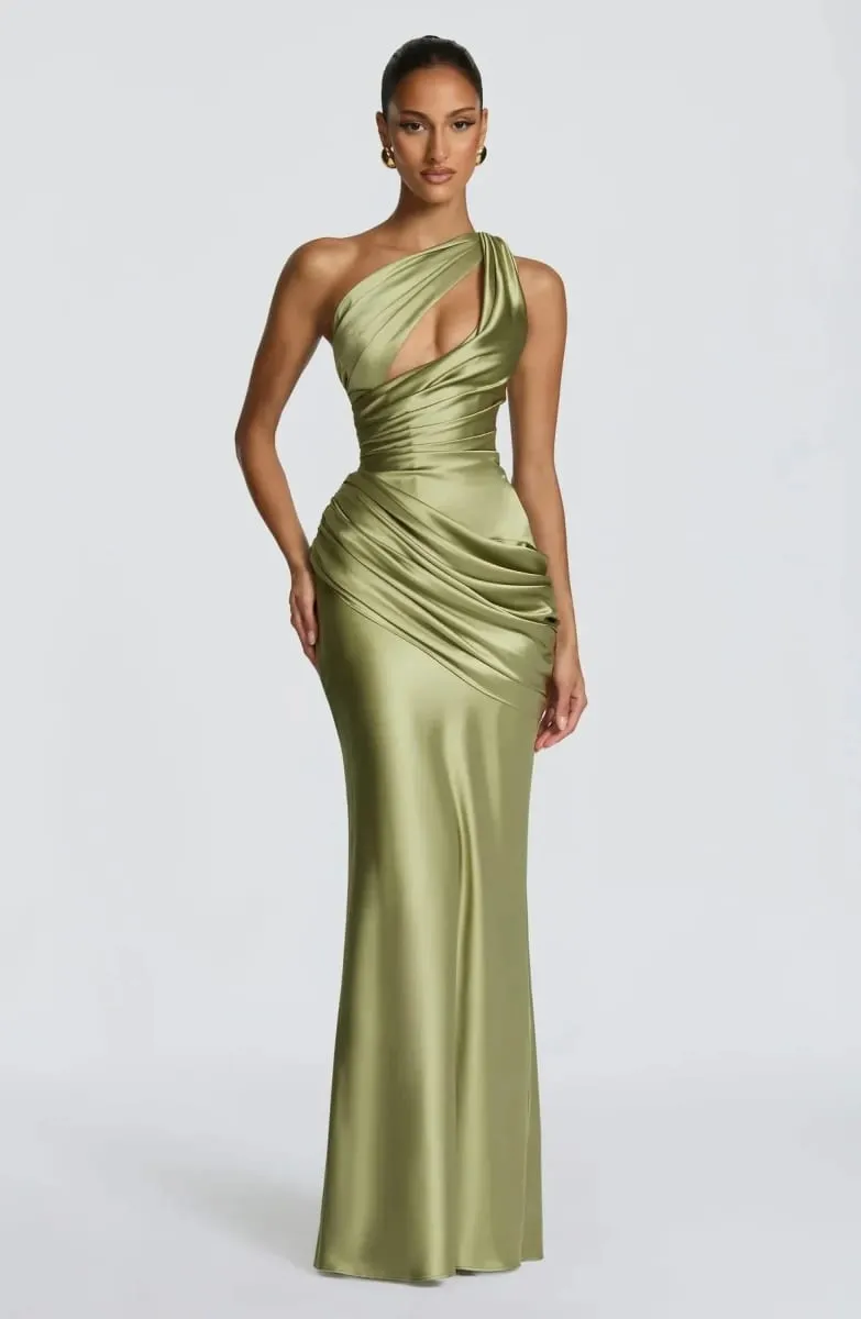 Elegant Women Satin One Shoulder Maxi Dress Chic Green Ruched Mermaid Slim Fit Flowy Vestidos 2026 Lady Summer Evening Vestidos