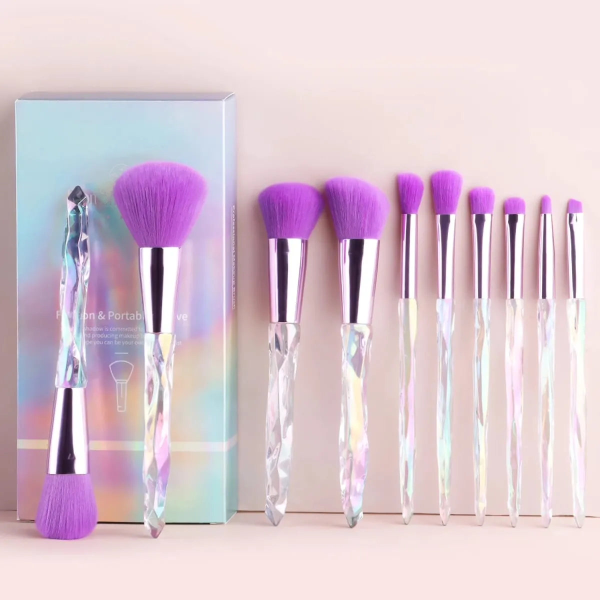 10Pcs Shiny Crystal Handle Makeup Brush Set with Case Round Loose Powder Brush & Flat Foundation Brush for Eye Makeup — image 1