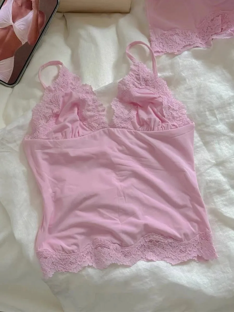 Pink Lace Trim Bra Sets Woman Sexy Triangular Cup Seamless Bras+Low Waist Boxer Briefs Solid Soft Comfort Underwear 2 Piece Set — image 6