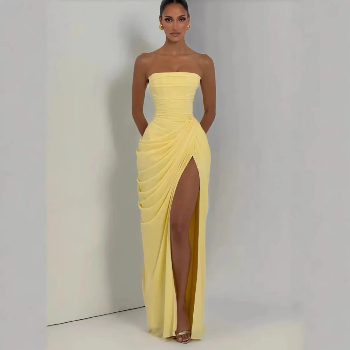 Mingmingxi 봄 여름 노란색 Strapless 맥시 드레스 Ruched 높은 슬릿 이브닝 가운 Bodycon 웨딩 게스트 파티 드레스 여성 — image 2