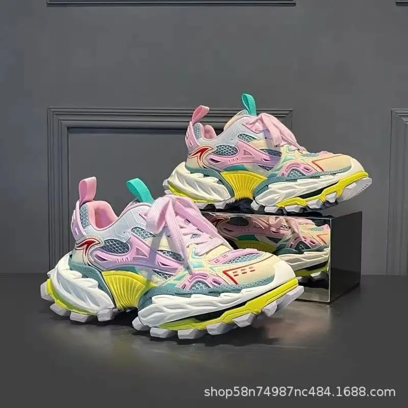2026 Men's Genuine Leather Elevated Dad Sneakers Color Block Mesh Chunky Casual Shoes With Thick Sole — image 2