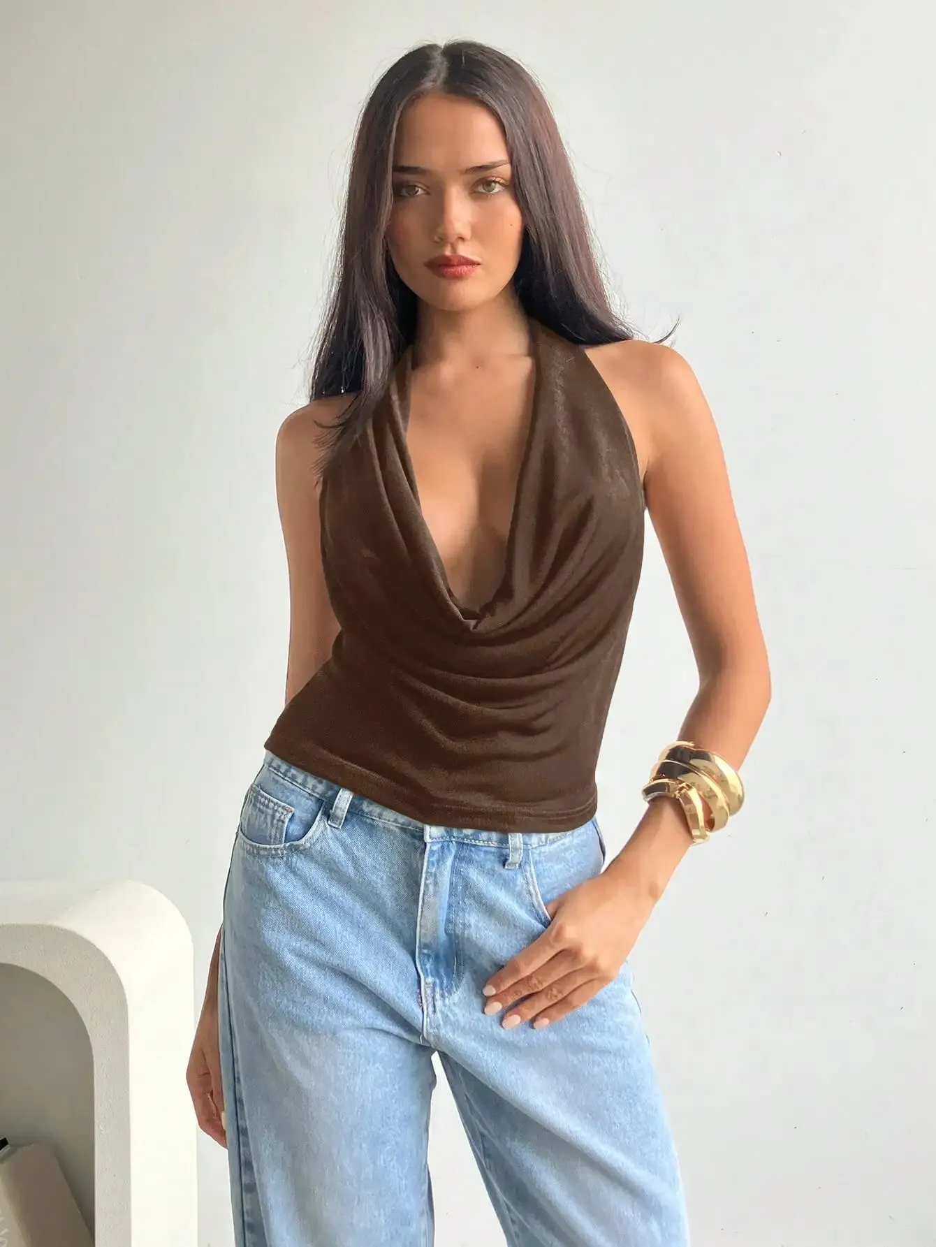Women Halter Cowl Neck Deep Draped V Neck Sleeveless Slim Fit Cropped Cami Top 2026 Summer Solid Black Elegant Going Out Casual — image 6