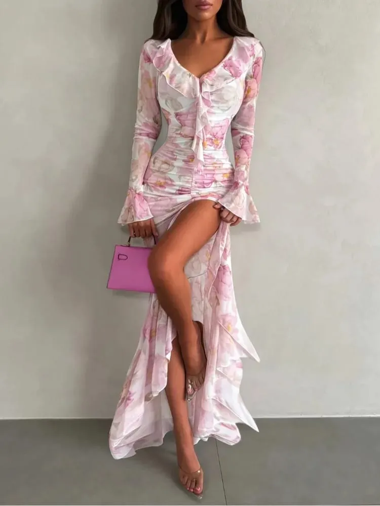 Women Chic Pink Floral Print Maxi Vestido Elegant V Neck Ruffle Trim Flare Sleeve Ruched High Chiffon Dress 2026 Party Outfit — image 4