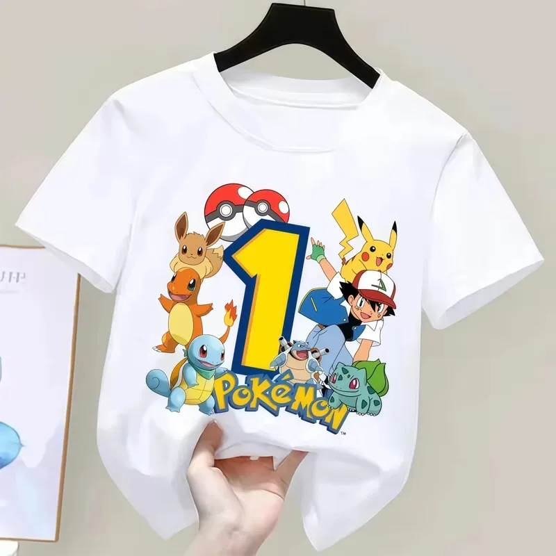 2026 Pikachu Kids Children T Shirts Birthday Number 1-9 Printed T Shirt Boys Girls Summer Short Sleeves Tops Children Clothing