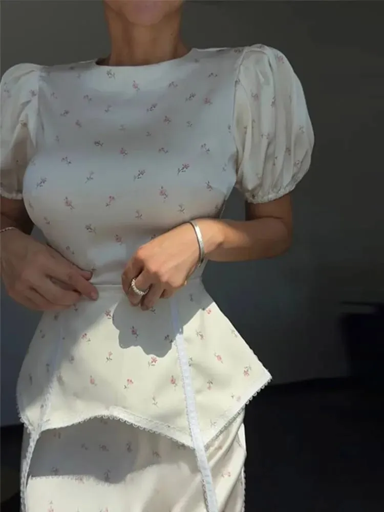 Women's White Floral Print Puff Sleeve Dress With Waistband Fashion Satin Ruffled Hem Maxi Dresses Lady 2026 Elegant Party Robe — image 4